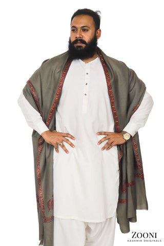 Luxury Woollen Men's Hand Embroidered Hashidar Shawl - Grey - Zooni | Kashmir Originals Luxury Woollen Men's Hand Embroidered Hashidar Shawl - Grey - Zooni | Kashmir Originals