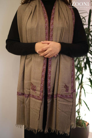 Hand Embroidered Kashmiri Hashia Stole/Wrap - Natural Brown Hand Embroidered Kashmiri Hashia Stole/Wrap - Natural Brown