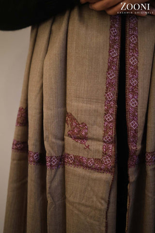 Hand Embroidered Kashmiri Hashia Stole/Wrap - Natural Brown Hand Embroidered Kashmiri Hashia Stole/Wrap - Natural Brown