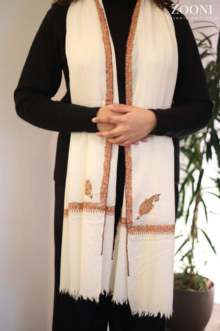 Hand Embroidered Kashmiri Hashia Stole/Wrap - White Hand Embroidered Kashmiri Hashia Stole/Wrap - White