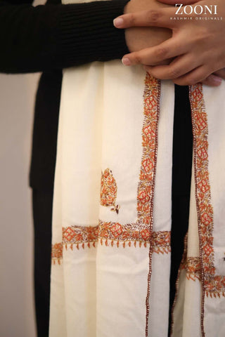 Hand Embroidered Kashmiri Hashia Stole/Wrap - White Hand Embroidered Kashmiri Hashia Stole/Wrap - White