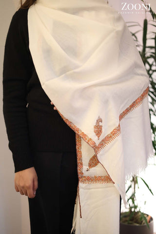 Hand Embroidered Kashmiri Hashia Stole/Wrap - White Hand Embroidered Kashmiri Hashia Stole/Wrap - White