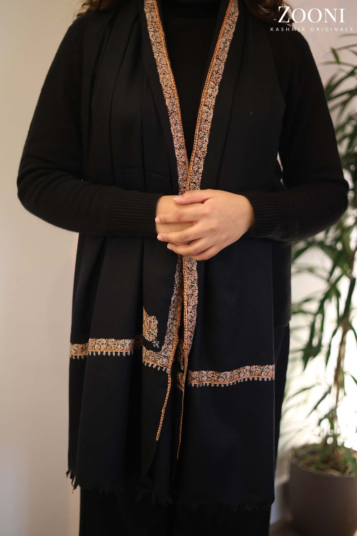 Hand Embroidered Kashmiri Hashia Stole/Wrap - Black