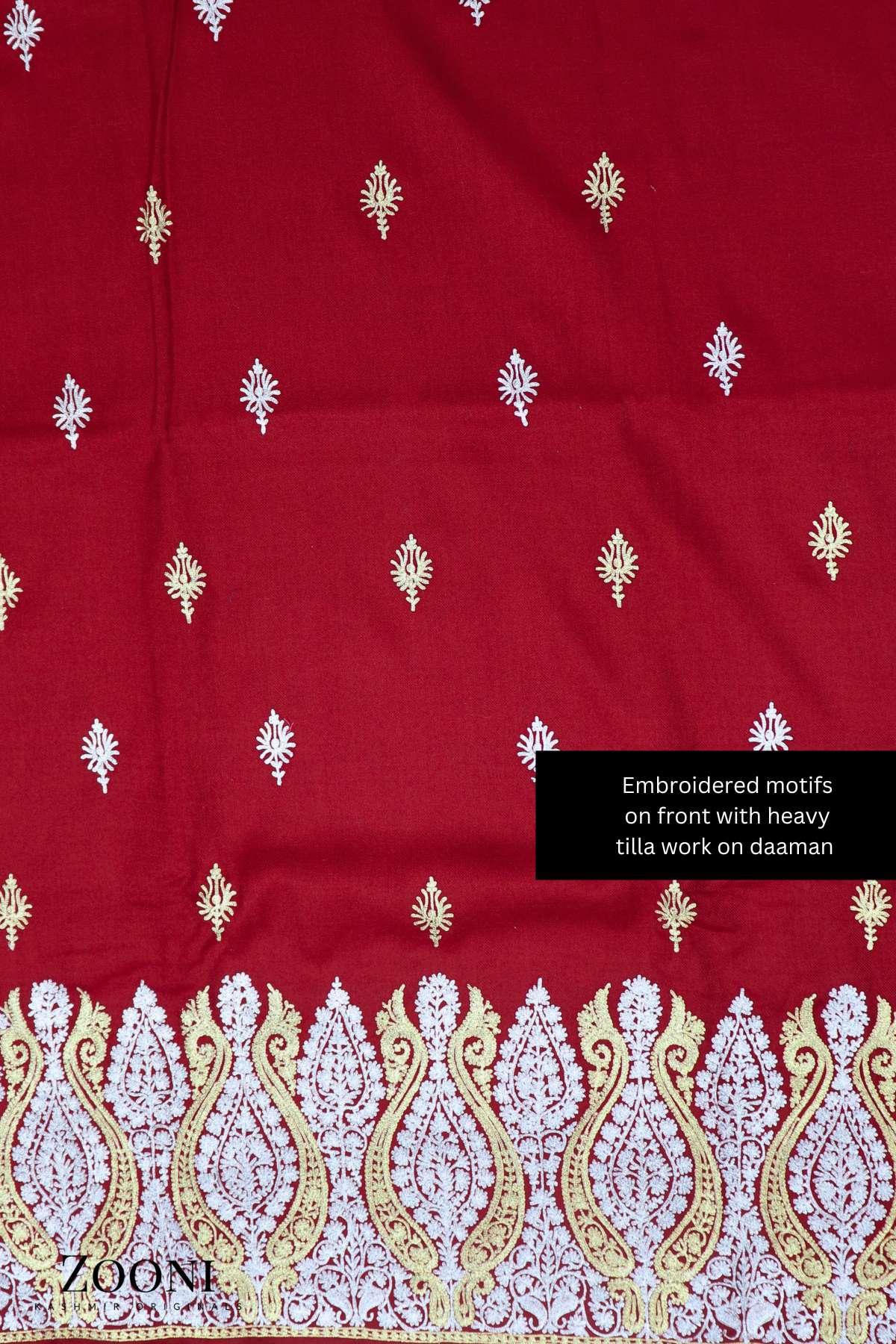 Luxury 3 Piece Tilla Embroidered Kashmiri Unstitched Winter Suit - Red - Zooni | Kashmir Originals