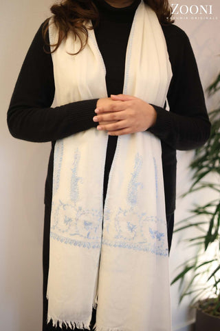 Hand Embroidered Palla Embroidery Stole/Wrap - White Hand Embroidered Palla Embroidery Stole/Wrap - White