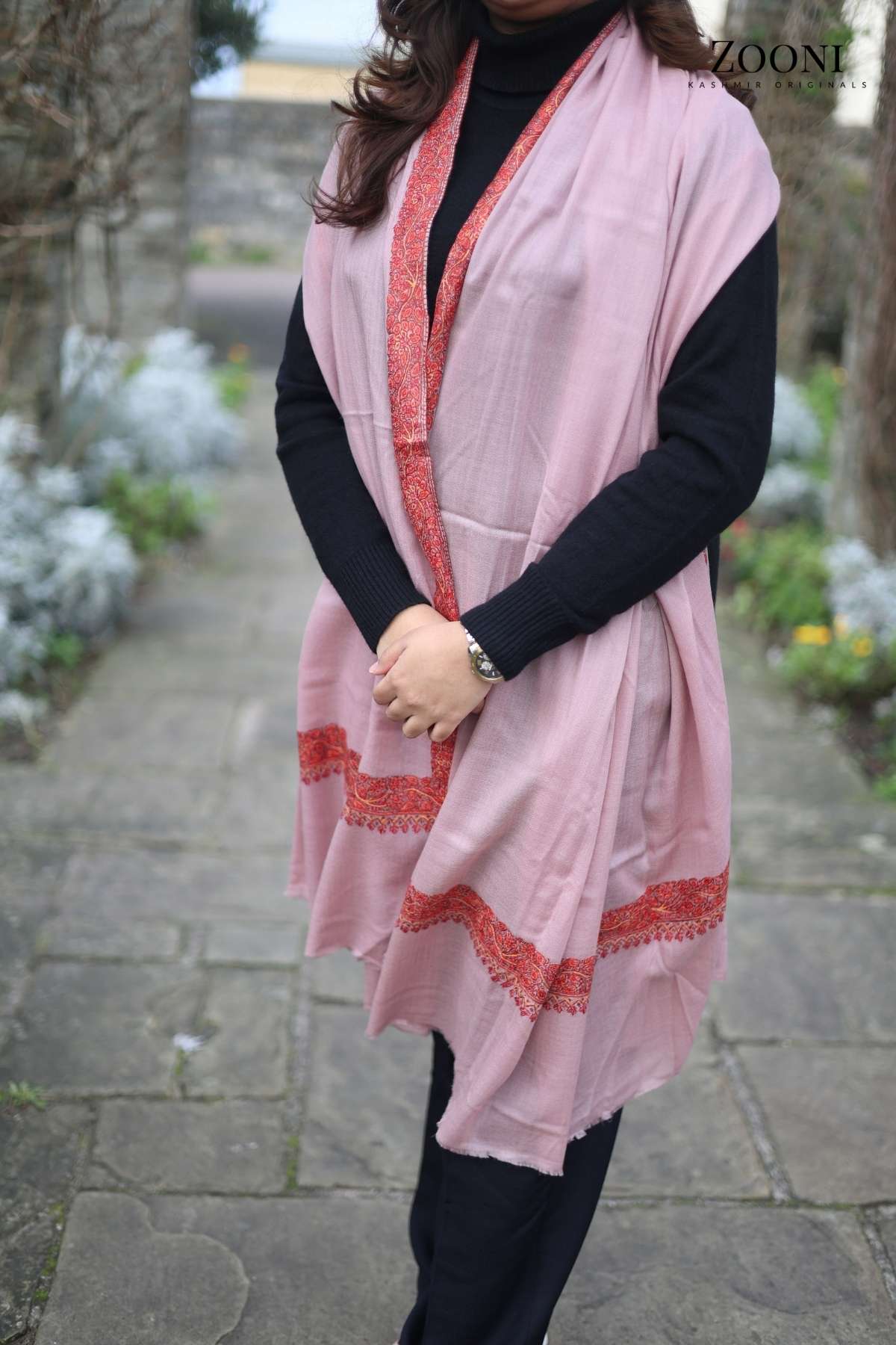 Hand Embroidered Neem Doar Embroidery Shawl - Light Pink