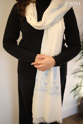 Hand Embroidered Palla Embroidery Stole/Wrap - White Hand Embroidered Palla Embroidery Stole/Wrap - White