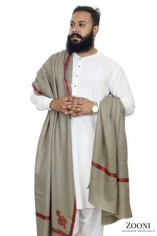 Luxury Woollen Men's Hand Embroidered Hashidar Shawl - Gray Luxury Woollen Men's Hand Embroidered Hashidar Shawl - Gray