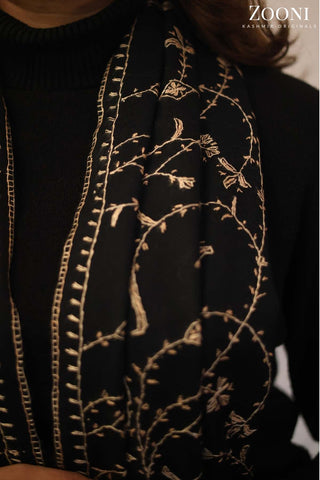 Hand Embroidered Kashmiri Jaal Stole/Wrap - Black Hand Embroidered Kashmiri Jaal Stole/Wrap - Black