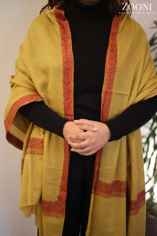 Hand Embroidered Kashmiri Neem Doar Shawl - Mustard Hand Embroidered Kashmiri Neem Doar Shawl - Mustard
