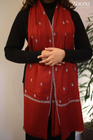 Hand Embroidered Kashmiri Bootidaar Stole/Wrap - Mexican Red Hand Embroidered Kashmiri Bootidaar Stole/Wrap - Mexican Red