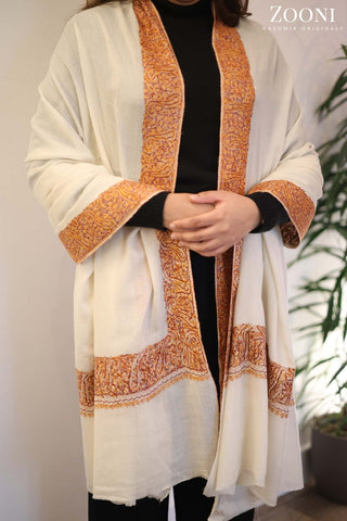 Hand Embroidered Kalam Doar Embroidery Shawl - White Hand Embroidered Kalam Doar Embroidery Shawl - White