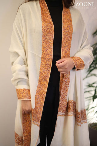 Hand Embroidered Kalam Doar Embroidery Shawl - White Hand Embroidered Kalam Doar Embroidery Shawl - White