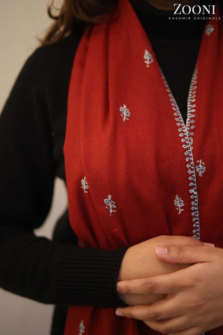 Hand Embroidered Kashmiri Bootidaar Stole/Wrap - Mexican Red Hand Embroidered Kashmiri Bootidaar Stole/Wrap - Mexican Red