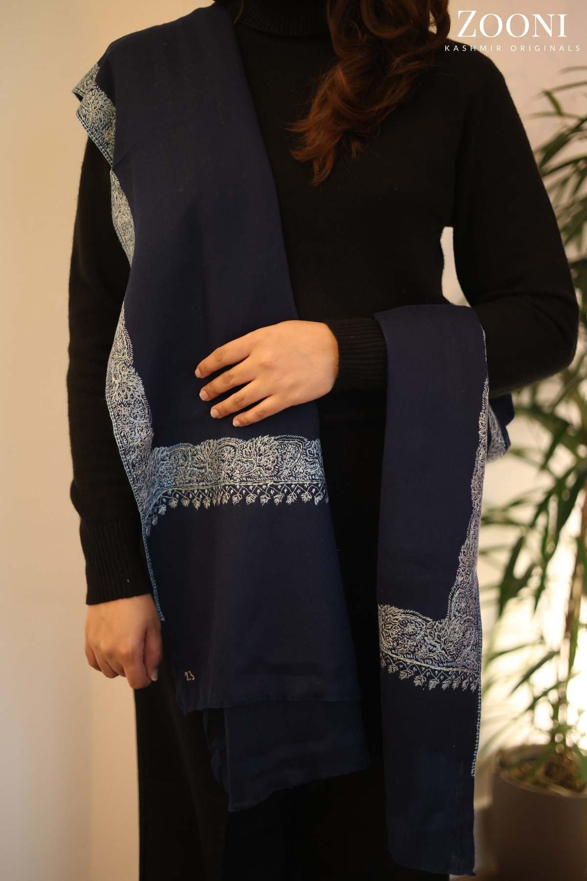 Hand Embroidered Neem Doar Embroidery Shawl - Navy