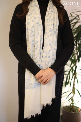 Hand Embroidered Jaal Embroidery Stole/Wrap - White Hand Embroidered Jaal Embroidery Stole/Wrap - White