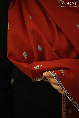 Hand Embroidered Kashmiri Bootidaar Stole/Wrap - Mexican Red Hand Embroidered Kashmiri Bootidaar Stole/Wrap - Mexican Red