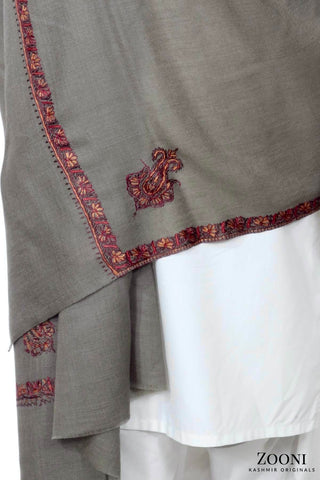 Luxury Woollen Men's Hand Embroidered Hashidar Shawl - Grey Luxury Woollen Men's Hand Embroidered Hashidar Shawl - Grey