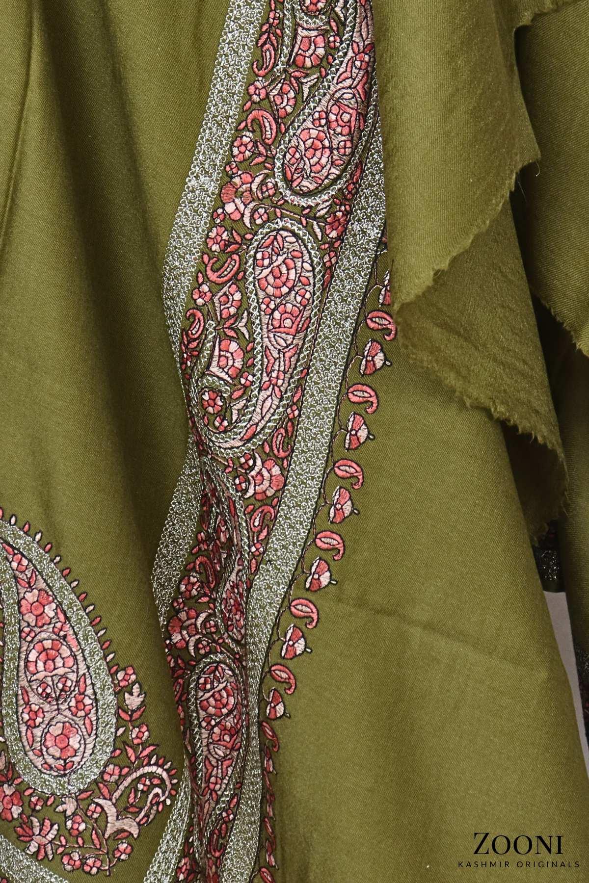 CLEARANCE: Zarri Tilla Doar Embroidered Merino Wool Shawl - Mehndi - Zooni | Kashmir Originals