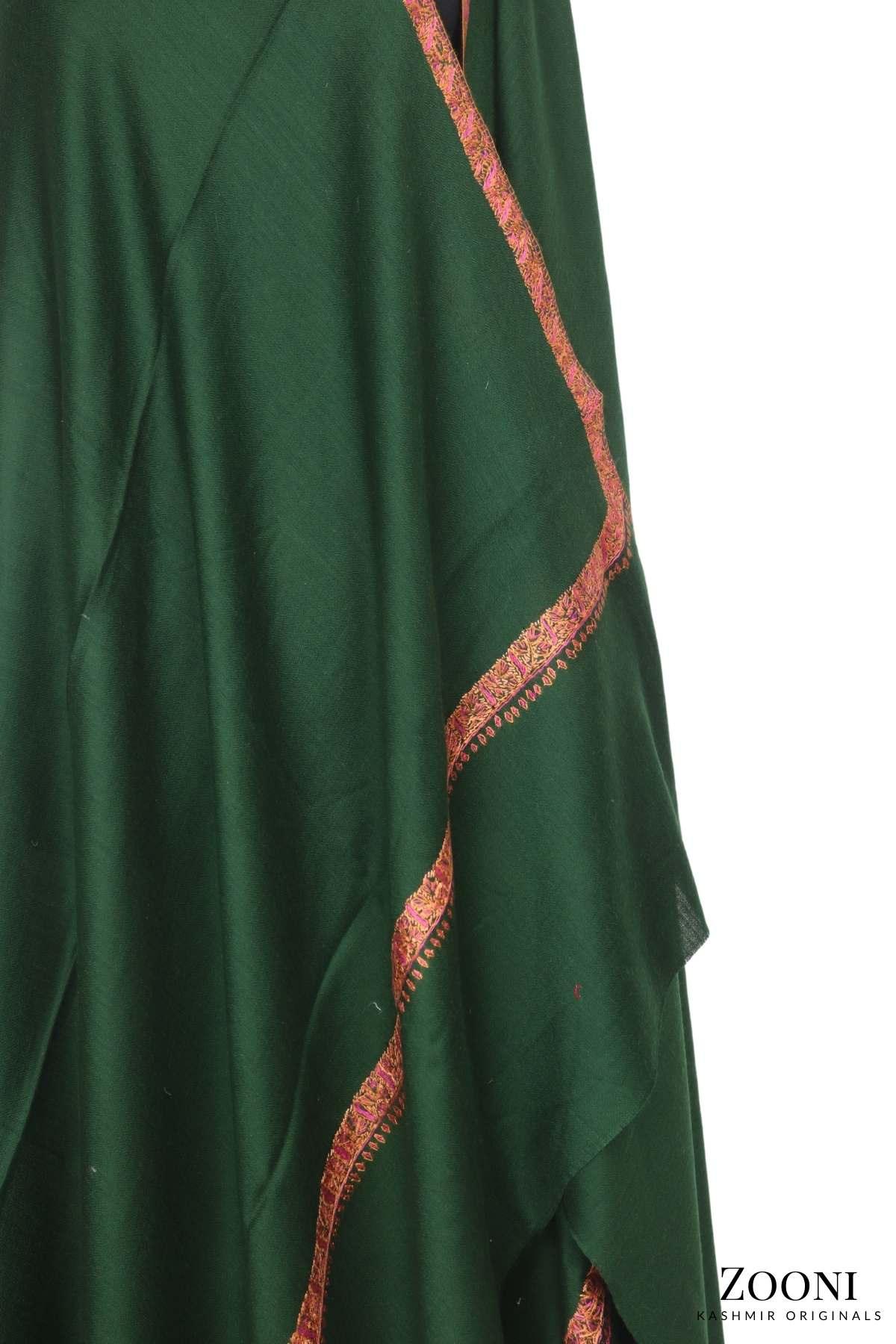 Hand Embroidered Kashmiri Hashia Shawl - Green - Zooni | Kashmir Originals