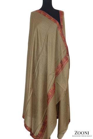 Hand Embroidered Kashmiri Neem Doar Shawl - Mehndi - Zooni | Kashmir Originals Hand Embroidered Kashmiri Neem Doar Shawl - Mehndi - Zooni | Kashmir Originals