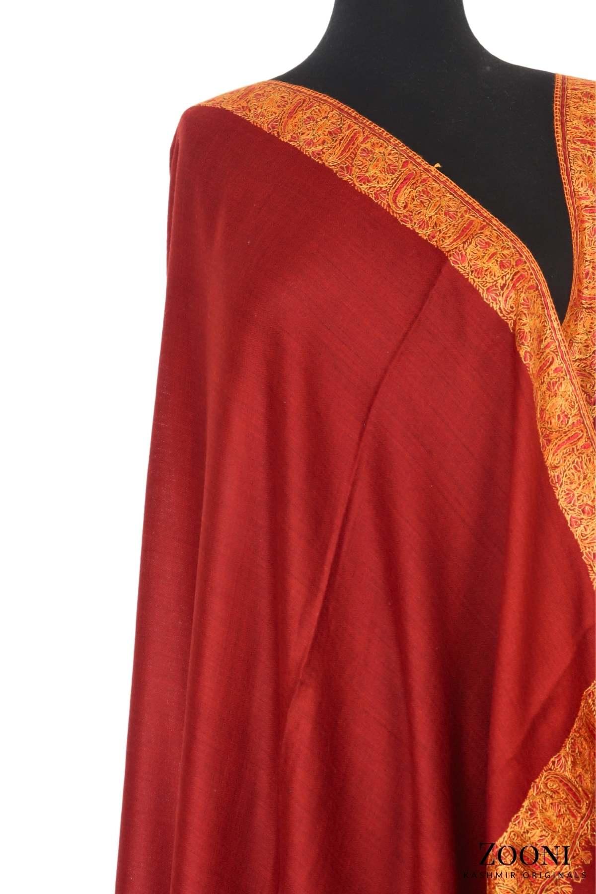 Hand Embroidered Kashmiri Neem Doar Shawl - Red - Zooni | Kashmir Originals
