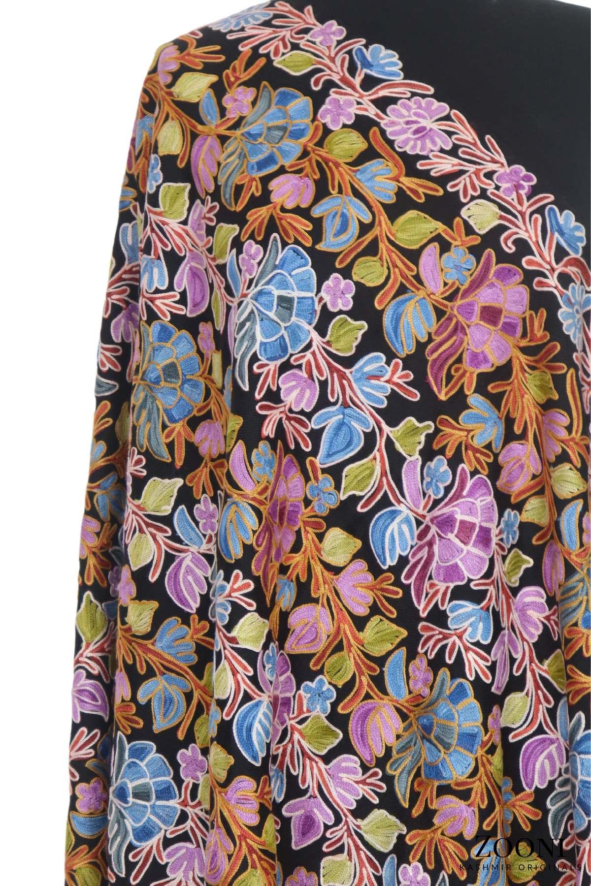 Jaama Embroidered Woollen Wrap - Black - Zooni | Kashmir Originals