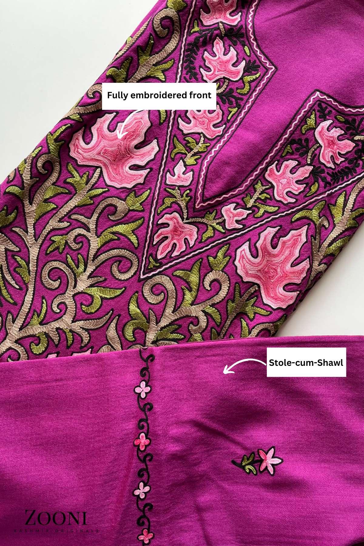 Limited Edition: Luxury 3 Piece Embroidered Kashmiri Unstitched Winter Suit - Magenta - Zooni | Kashmir Originals