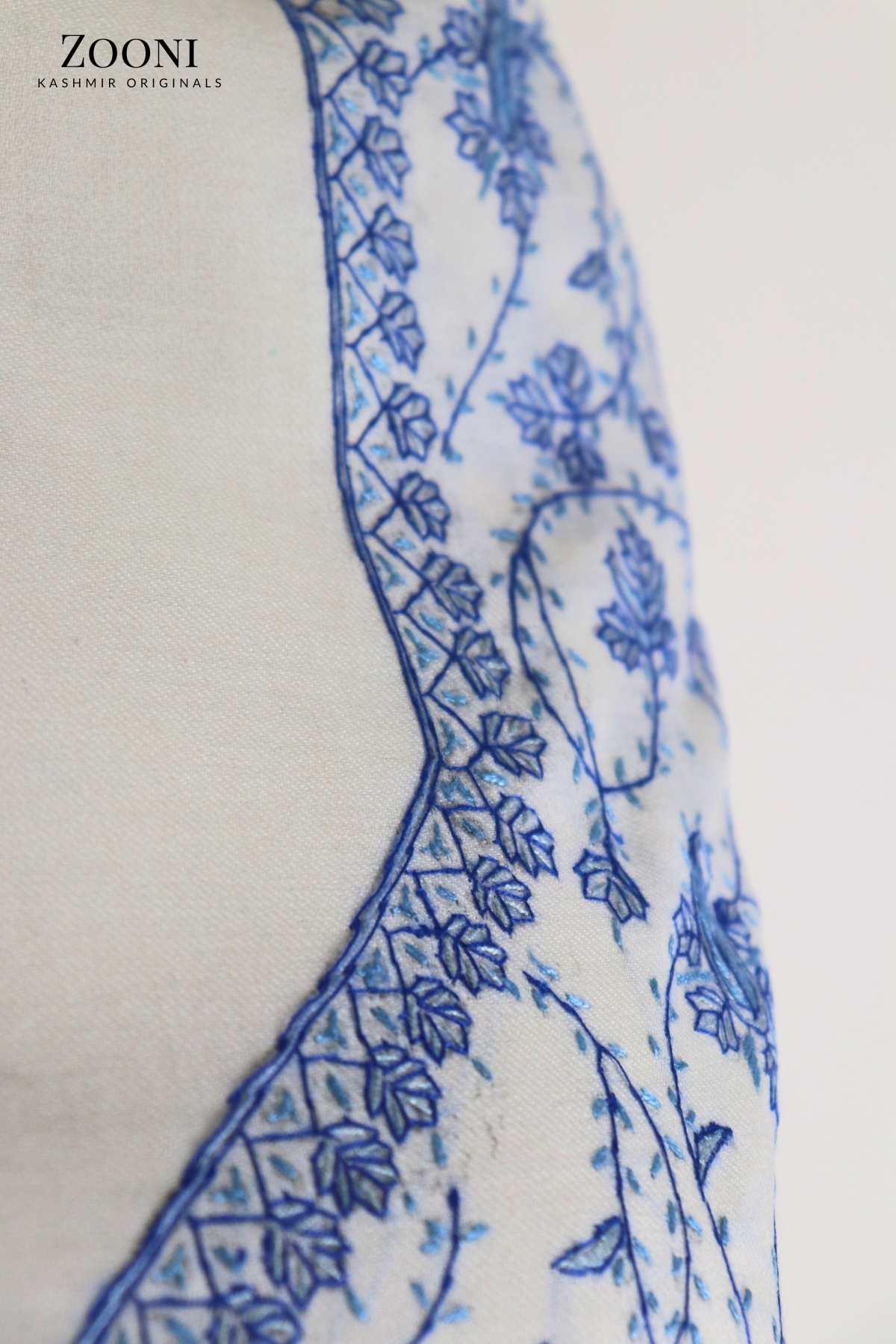 Limited Edition: Luxury 3 Piece Hand Embroidered Kashmiri Unstitched Winter Suit - White and Blue - Zooni | Kashmir Originals