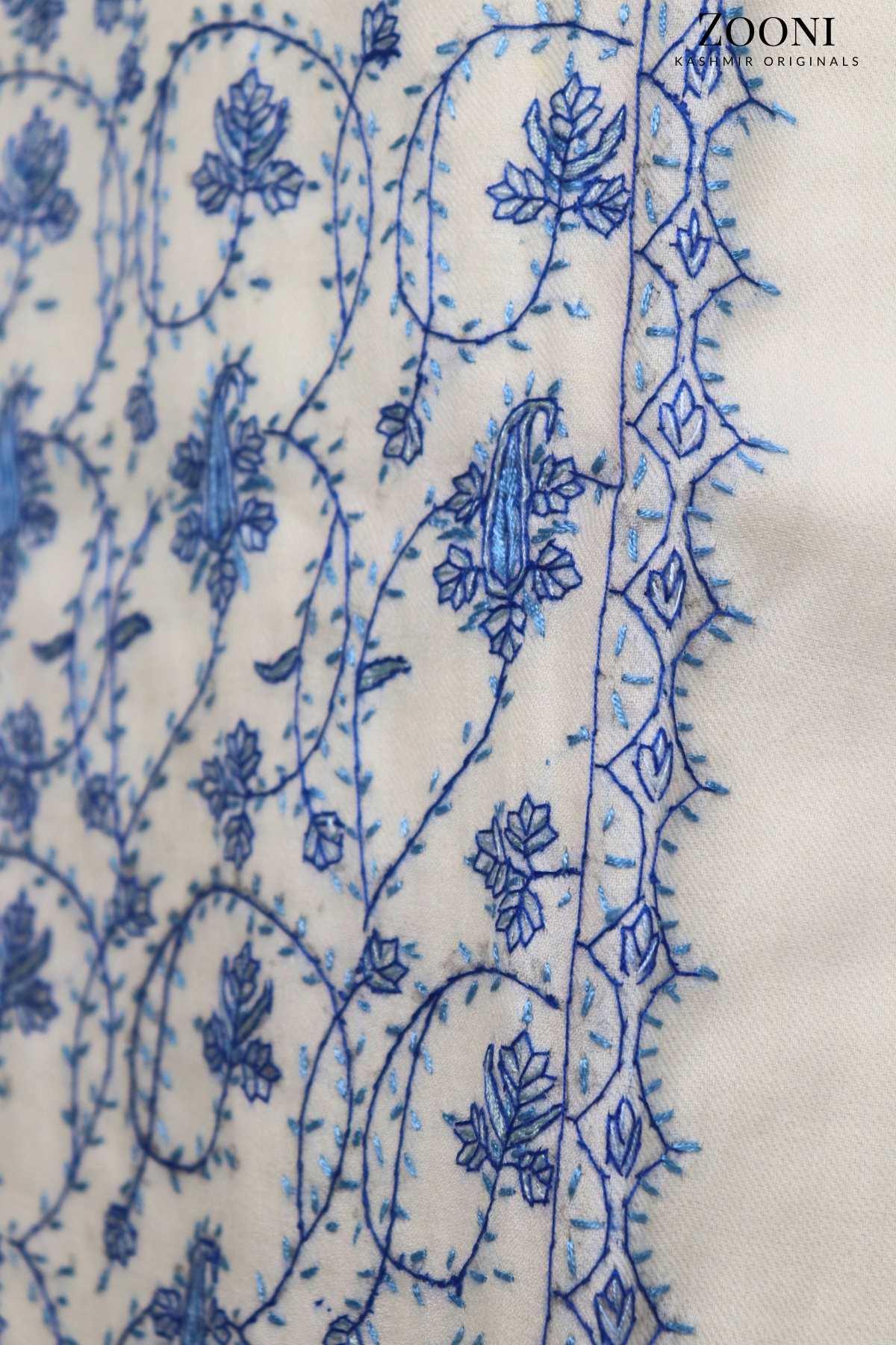 Limited Edition: Luxury 3 Piece Hand Embroidered Kashmiri Unstitched Winter Suit - White and Blue - Zooni | Kashmir Originals