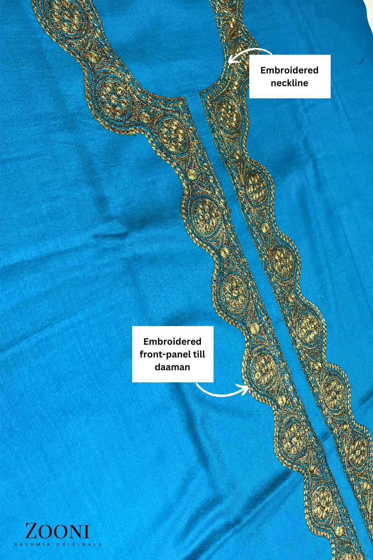 Luxury 3 Piece Tilla Embroidered Kashmiri Unstitched Winter Suit - Blue - Zooni | Kashmir Originals