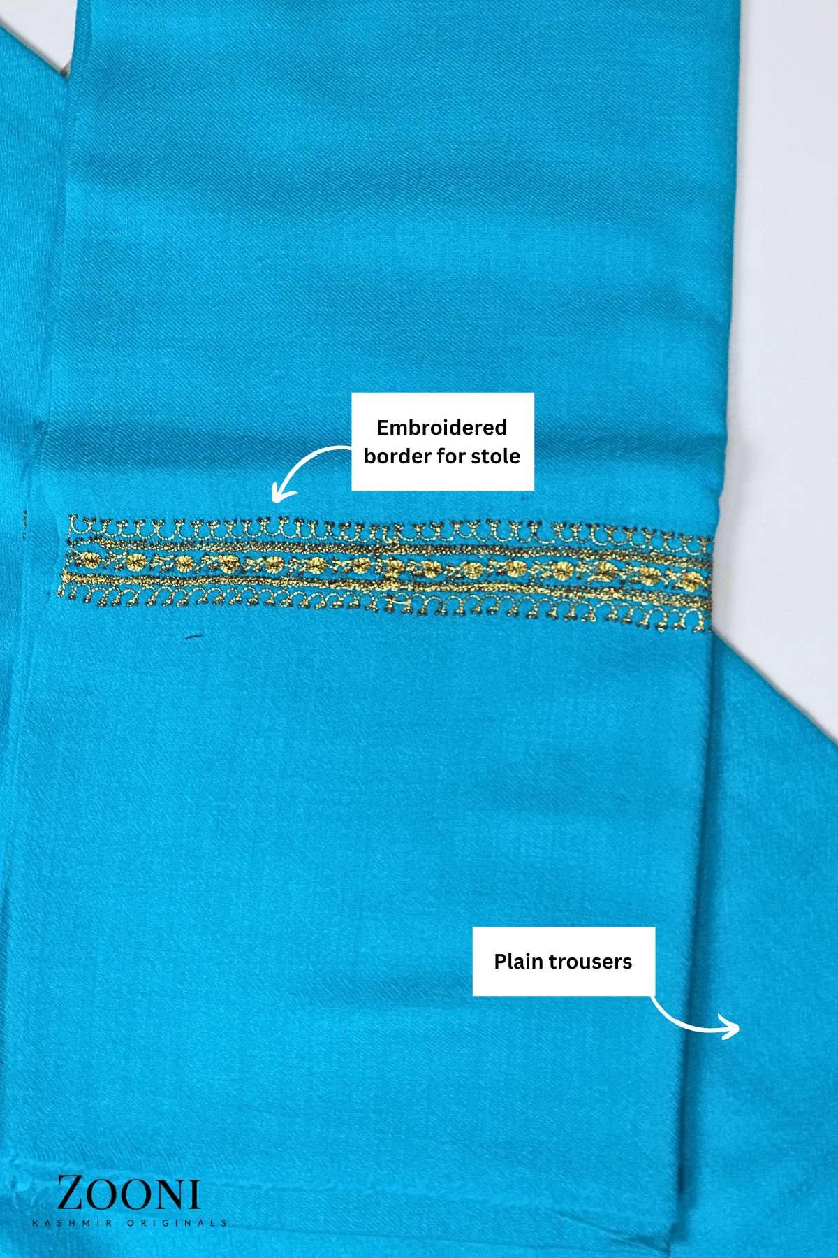 Luxury 3 Piece Tilla Embroidered Kashmiri Unstitched Winter Suit - Blue - Zooni | Kashmir Originals