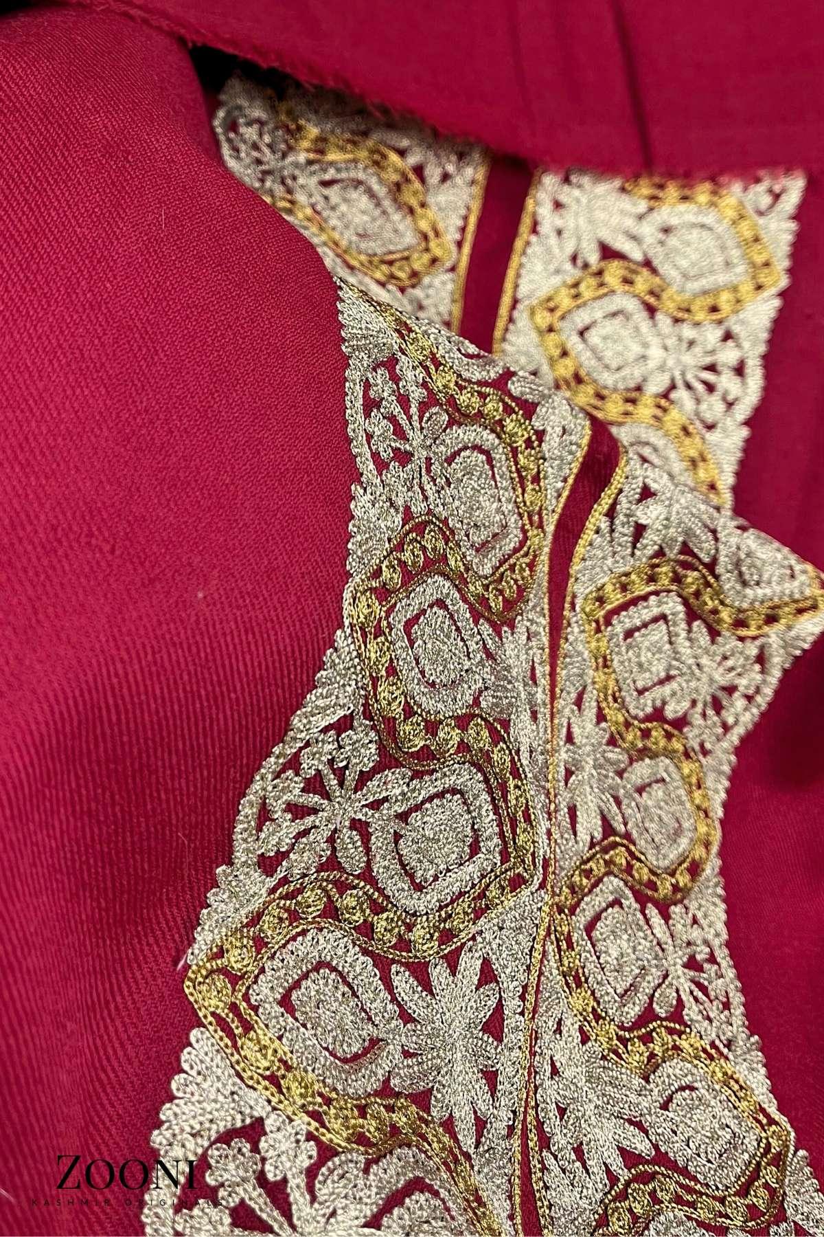 Luxury 3 Piece Tilla Embroidered Kashmiri Unstitched Winter Suit - Red Zooni | Kashmir Originals Luxury 3 Piece Tilla Embroidered Kashmiri Unstitched Winter Suit - Red Zooni | Kashmir Originals
