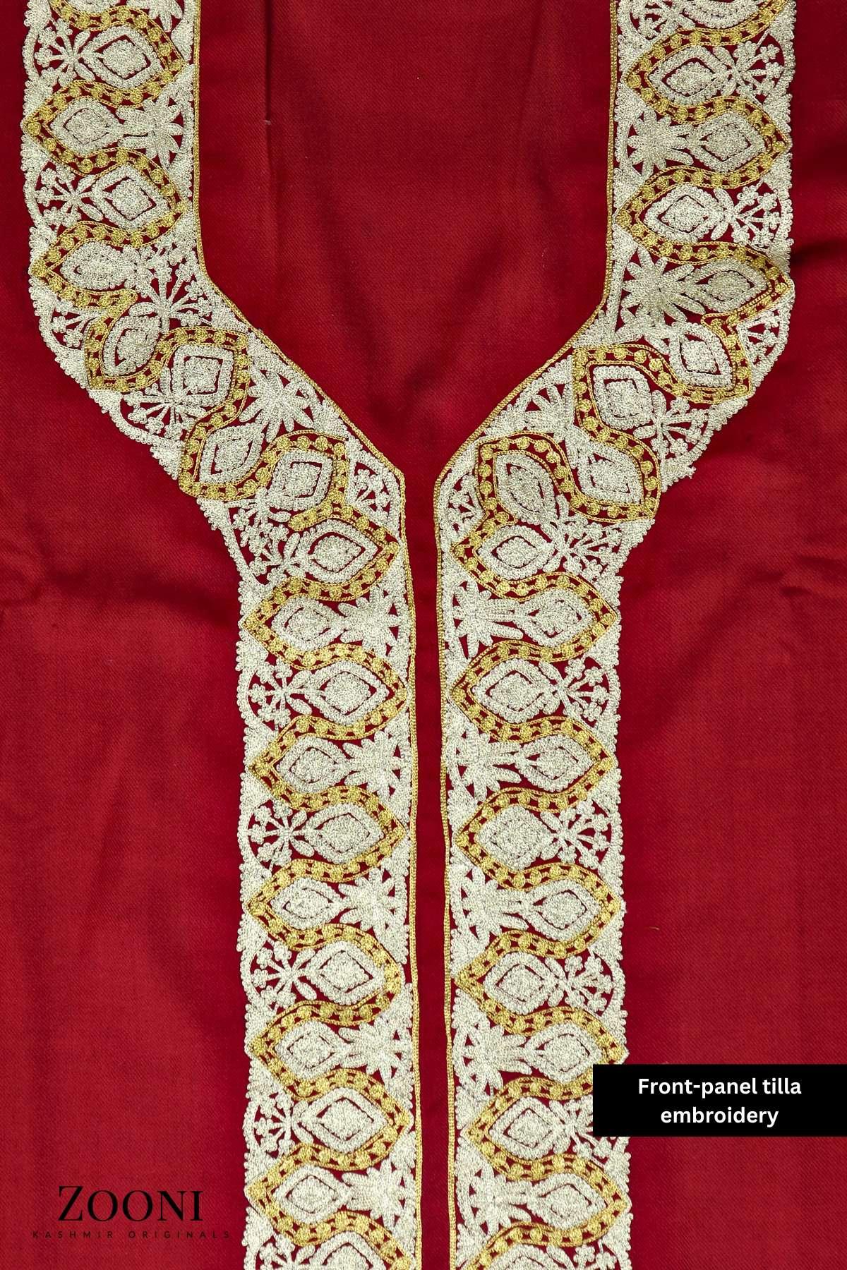 Luxury 3 Piece Tilla Embroidered Kashmiri Unstitched Winter Suit - Red with Gold/Silver Tilla - Zooni | Kashmir Originals