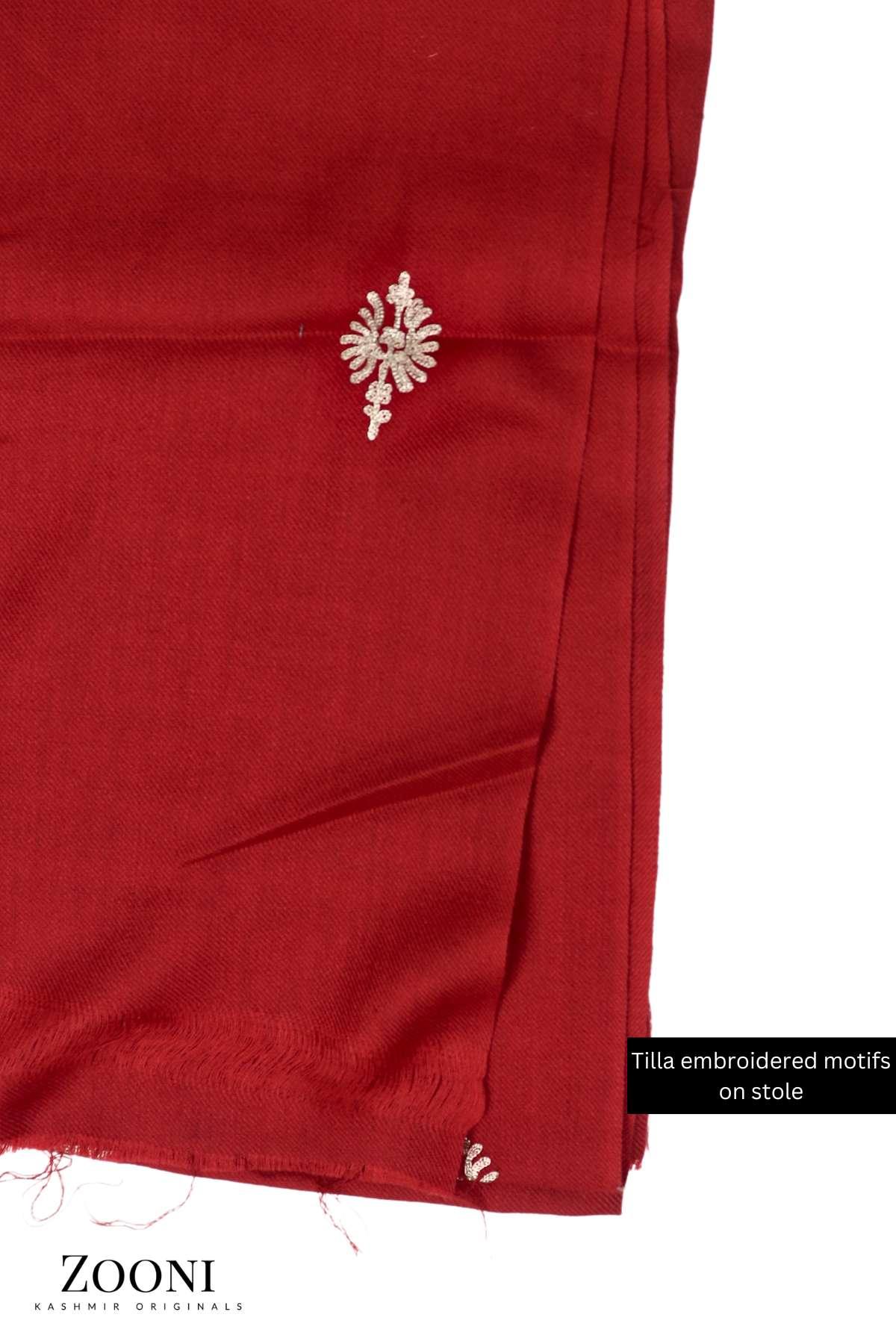 Luxury 3 Piece Tilla Embroidered Kashmiri Unstitched Winter Suit - Red with Gold/Silver Tilla - Zooni | Kashmir Originals