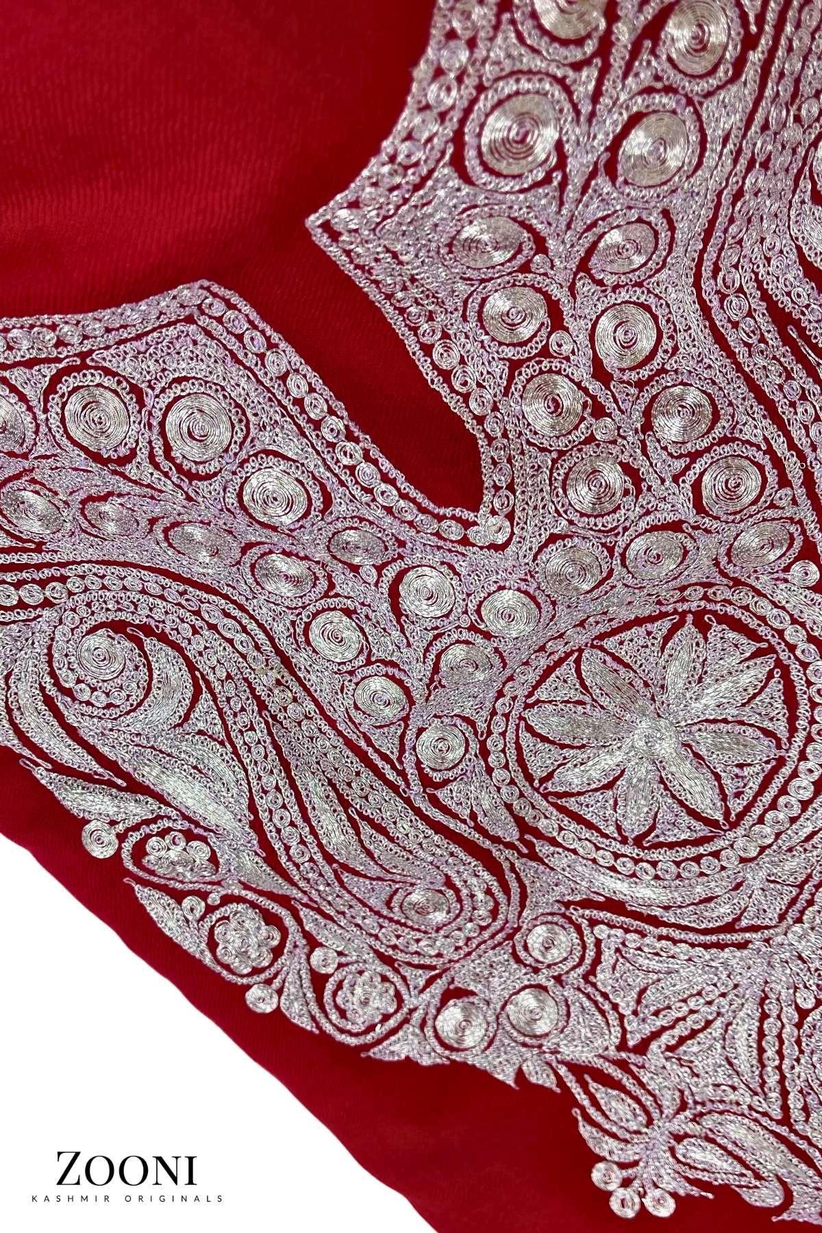 Luxury 3 Piece Tilla Embroidered Kashmiri Unstitched Winter Suit - Red - Zooni | Kashmir Originals