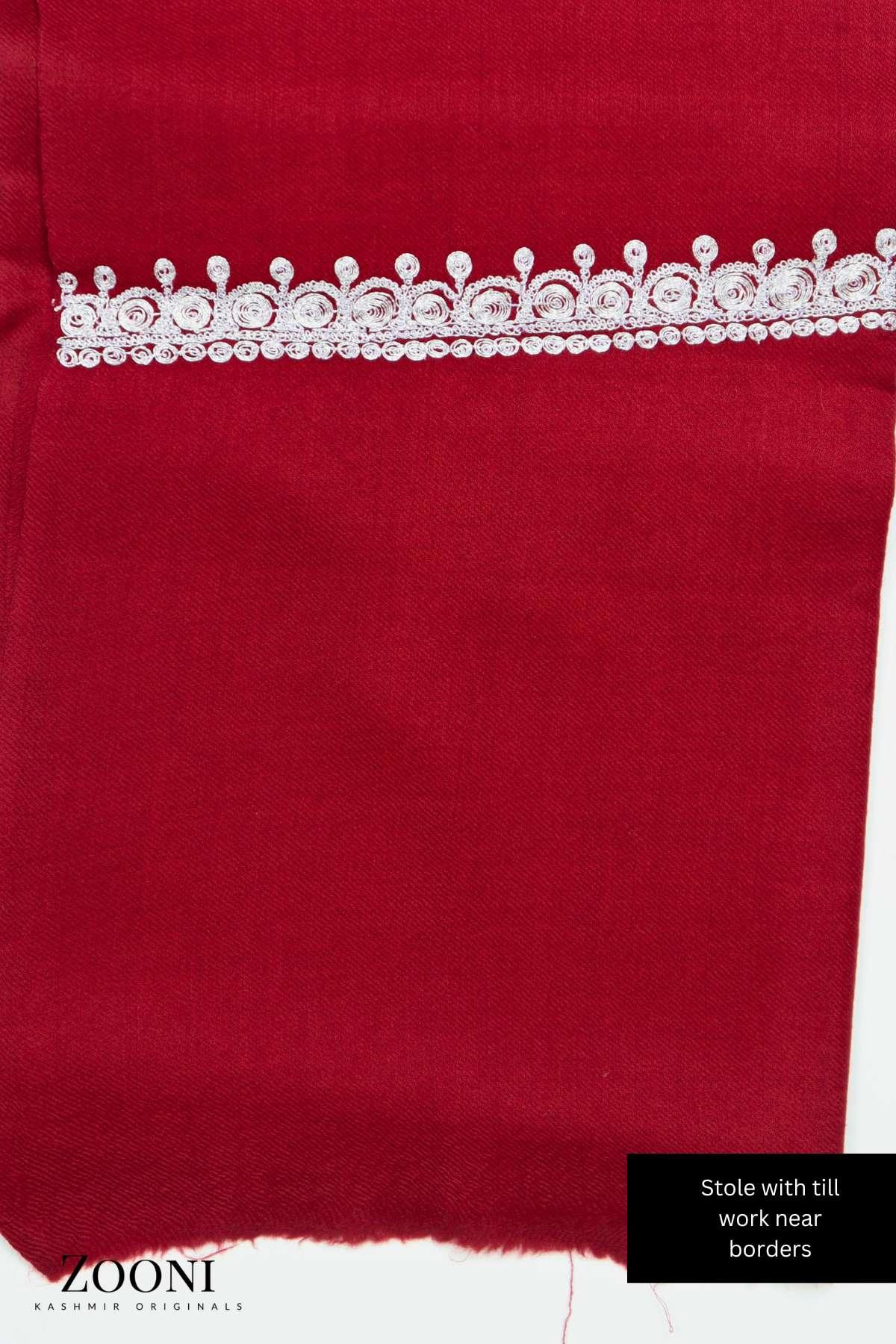 Luxury 3 Piece Tilla Embroidered Kashmiri Unstitched Winter Suit - Red - Zooni | Kashmir Originals