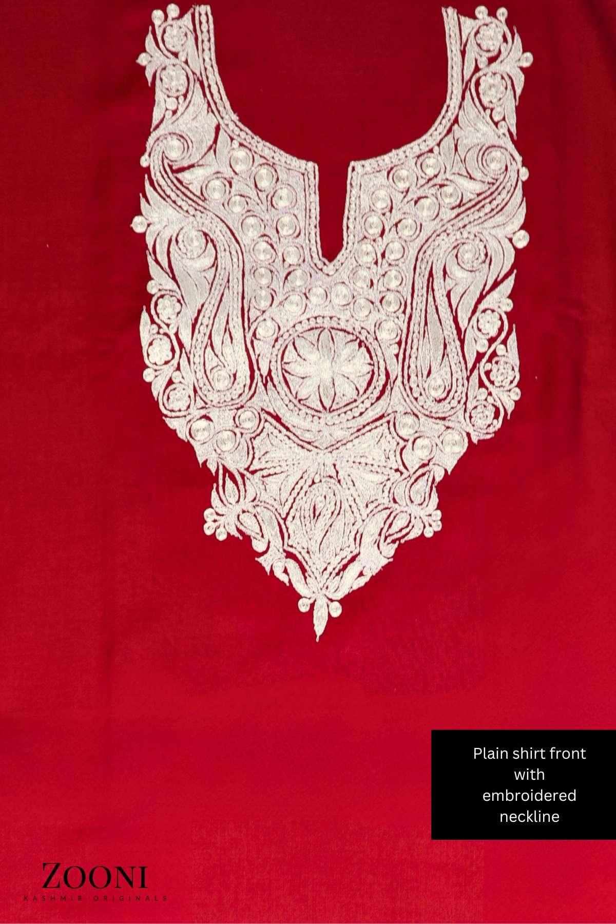 Luxury 3 Piece Tilla Embroidered Kashmiri Unstitched Winter Suit - Red - Zooni | Kashmir Originals