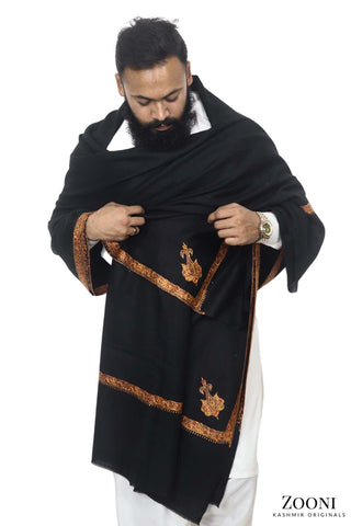 Luxury Woollen Men's Hand Embroidered Hashidar Shawl - Black - Zooni | Kashmir Originals Luxury Woollen Men's Hand Embroidered Hashidar Shawl - Black - Zooni | Kashmir Originals