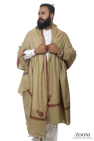 Luxury Woollen Men's Hand Embroidered Hashidar Shawl - Husk - Zooni | Kashmir Originals Luxury Woollen Men's Hand Embroidered Hashidar Shawl - Husk - Zooni | Kashmir Originals