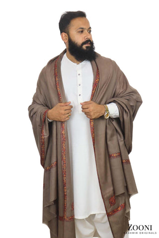 Luxury Woollen Men's Hand Embroidered Hashidar Shawl - Leather Brown - Zooni | Kashmir Originals Luxury Woollen Men's Hand Embroidered Hashidar Shawl - Leather Brown - Zooni | Kashmir Originals