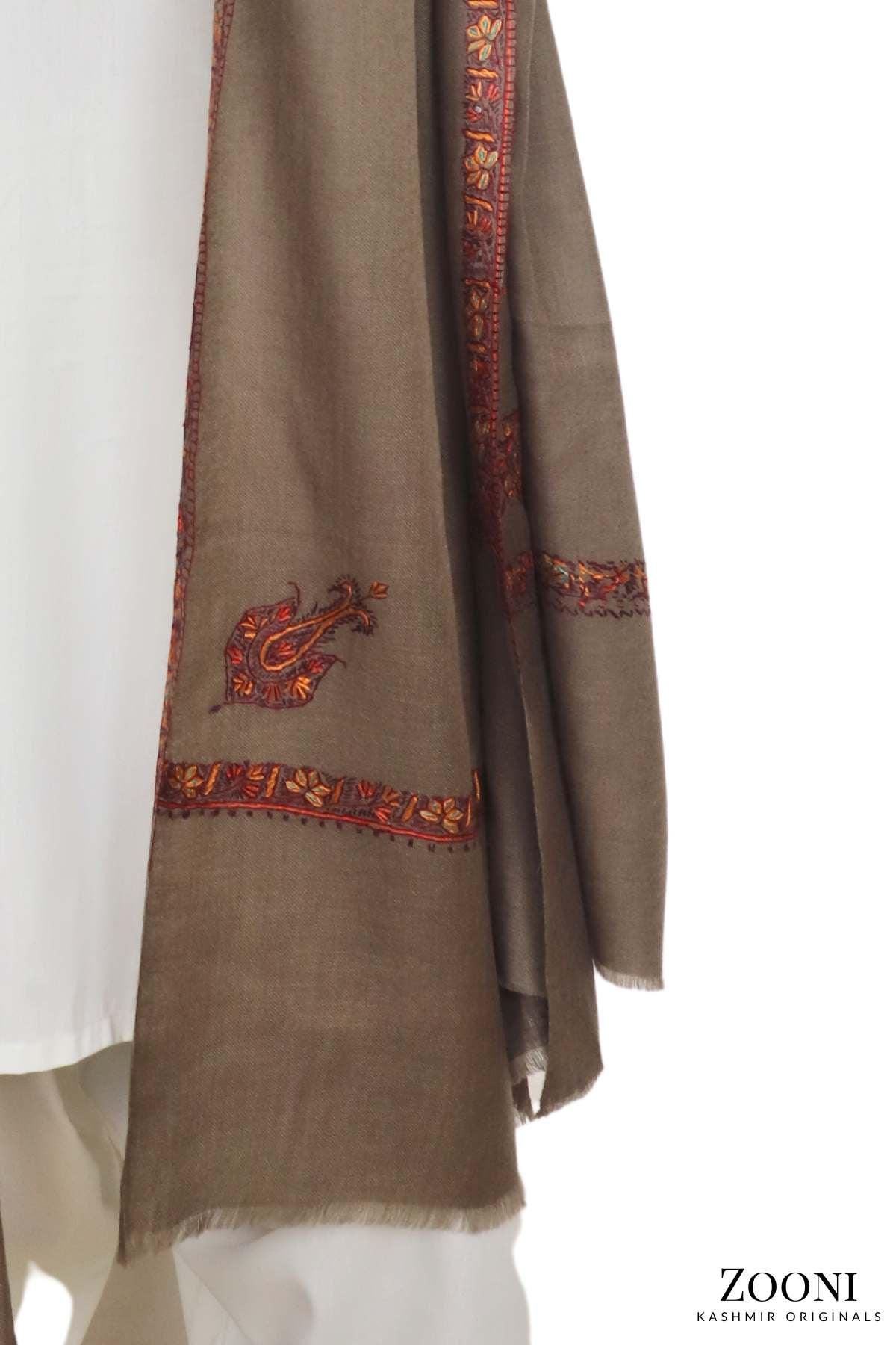 Luxury Woollen Men's Hand Embroidered Hashidar Shawl - Leather Brown - Zooni | Kashmir Originals