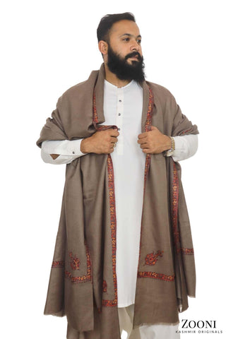Luxury Woollen Men's Hand Embroidered Hashidar Shawl - Leather Brown - Zooni | Kashmir Originals Luxury Woollen Men's Hand Embroidered Hashidar Shawl - Leather Brown - Zooni | Kashmir Originals