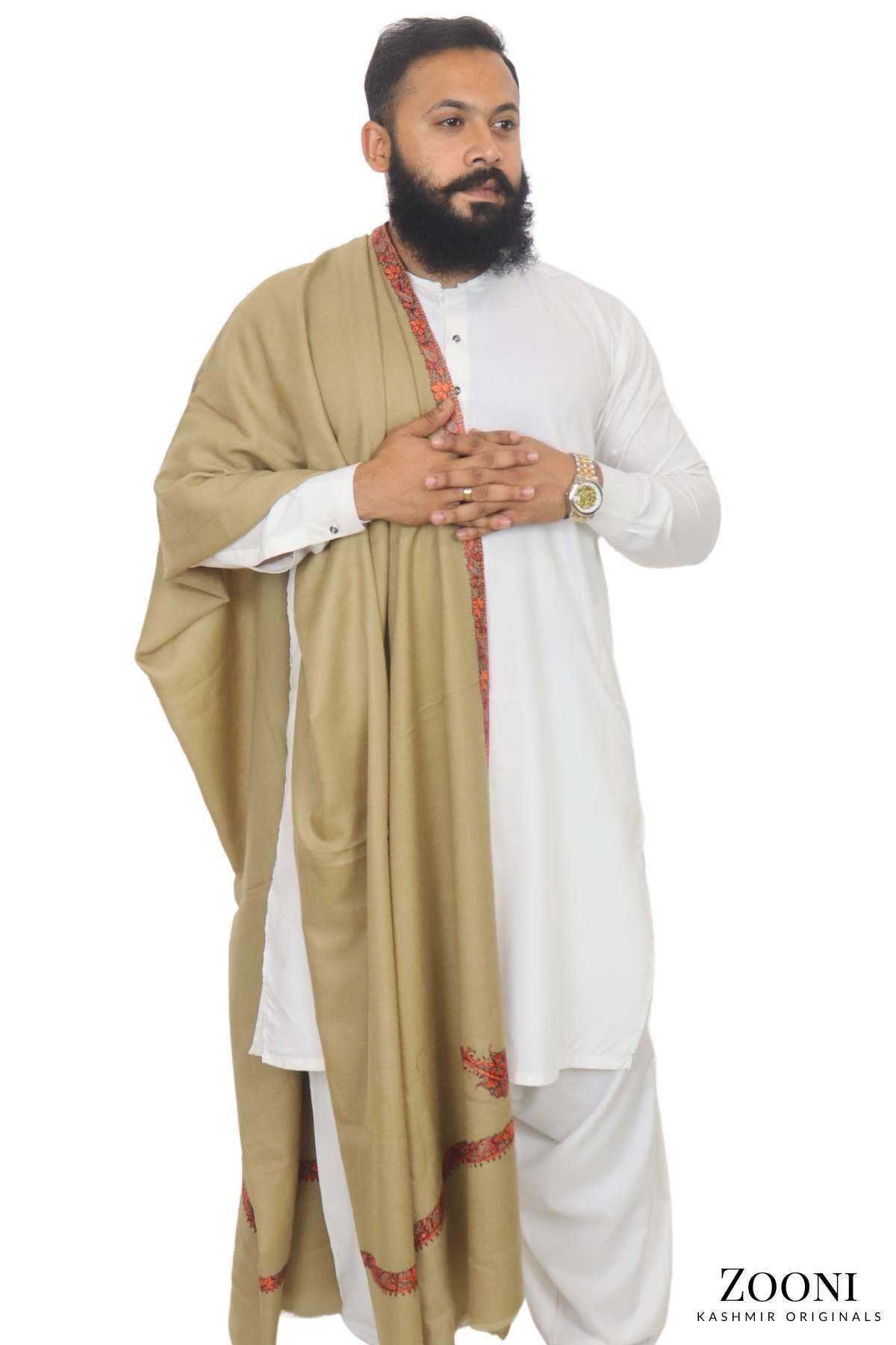 Luxury Woollen Men's Hand Embroidered Hashidar Shawl - Tacha - Zooni | Kashmir Originals