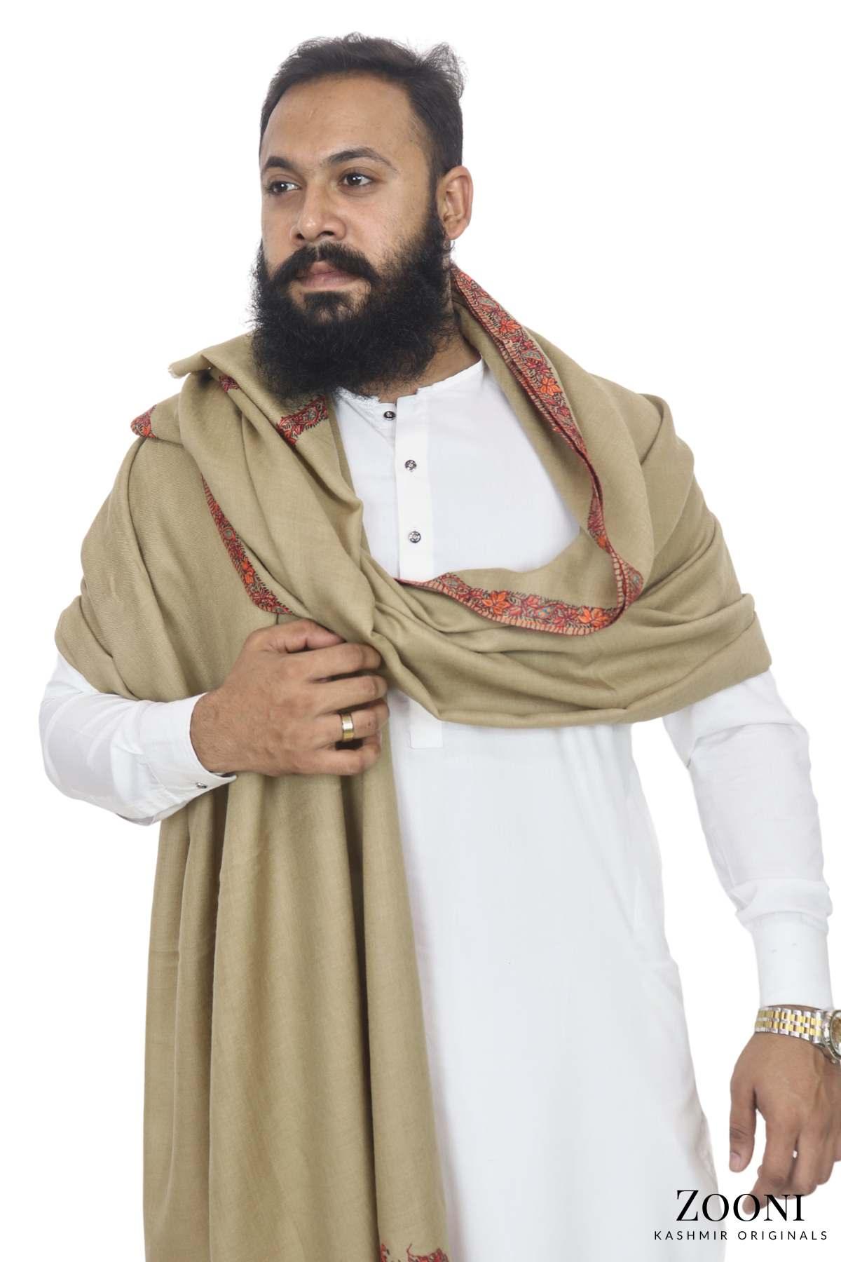 Luxury Woollen Men's Hand Embroidered Hashidar Shawl - Tacha - Zooni | Kashmir Originals