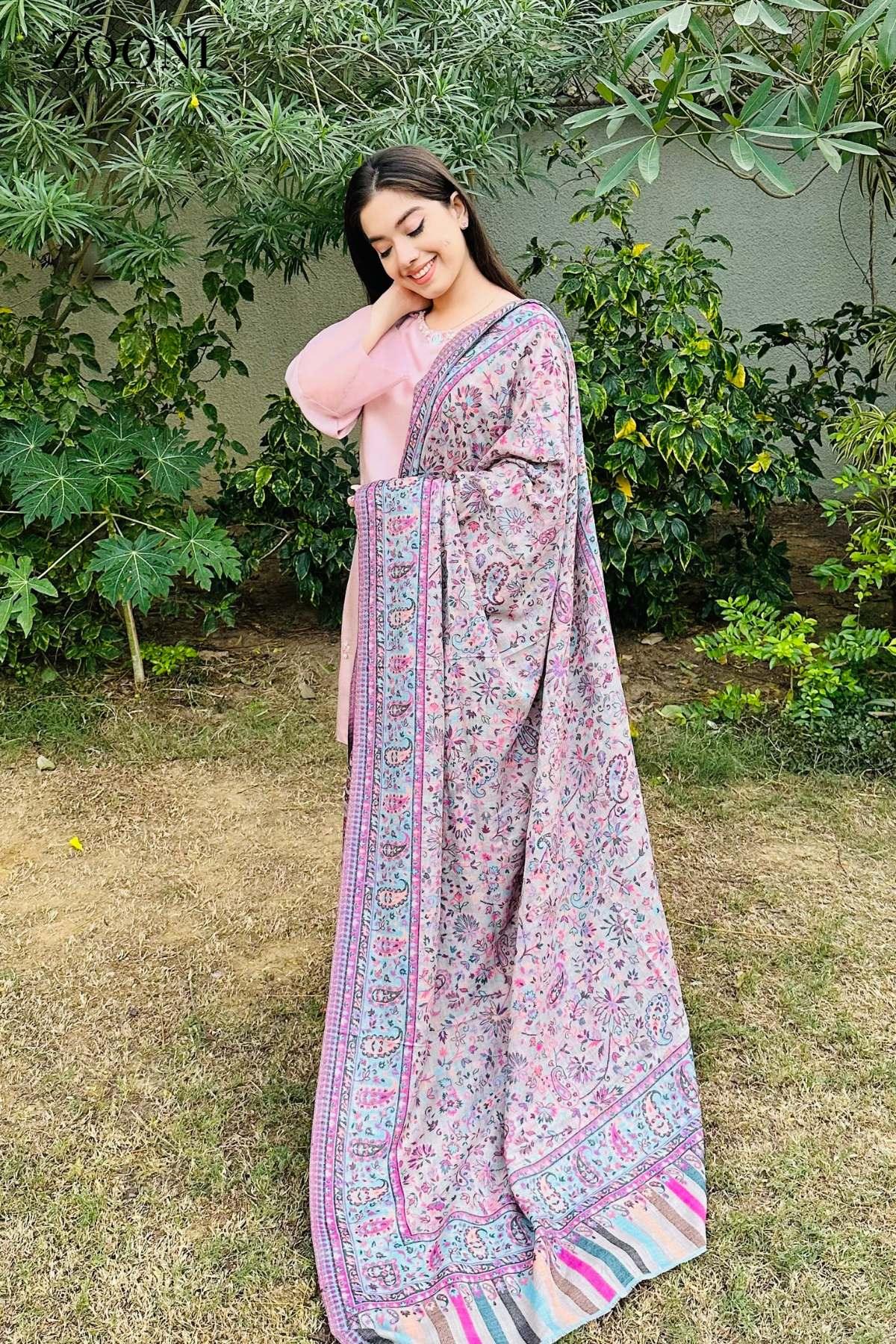 Superfine Pure Merino Kaani Jaamawar Shawl - Fountain Blue & Beige - Zooni | Kashmir Originals