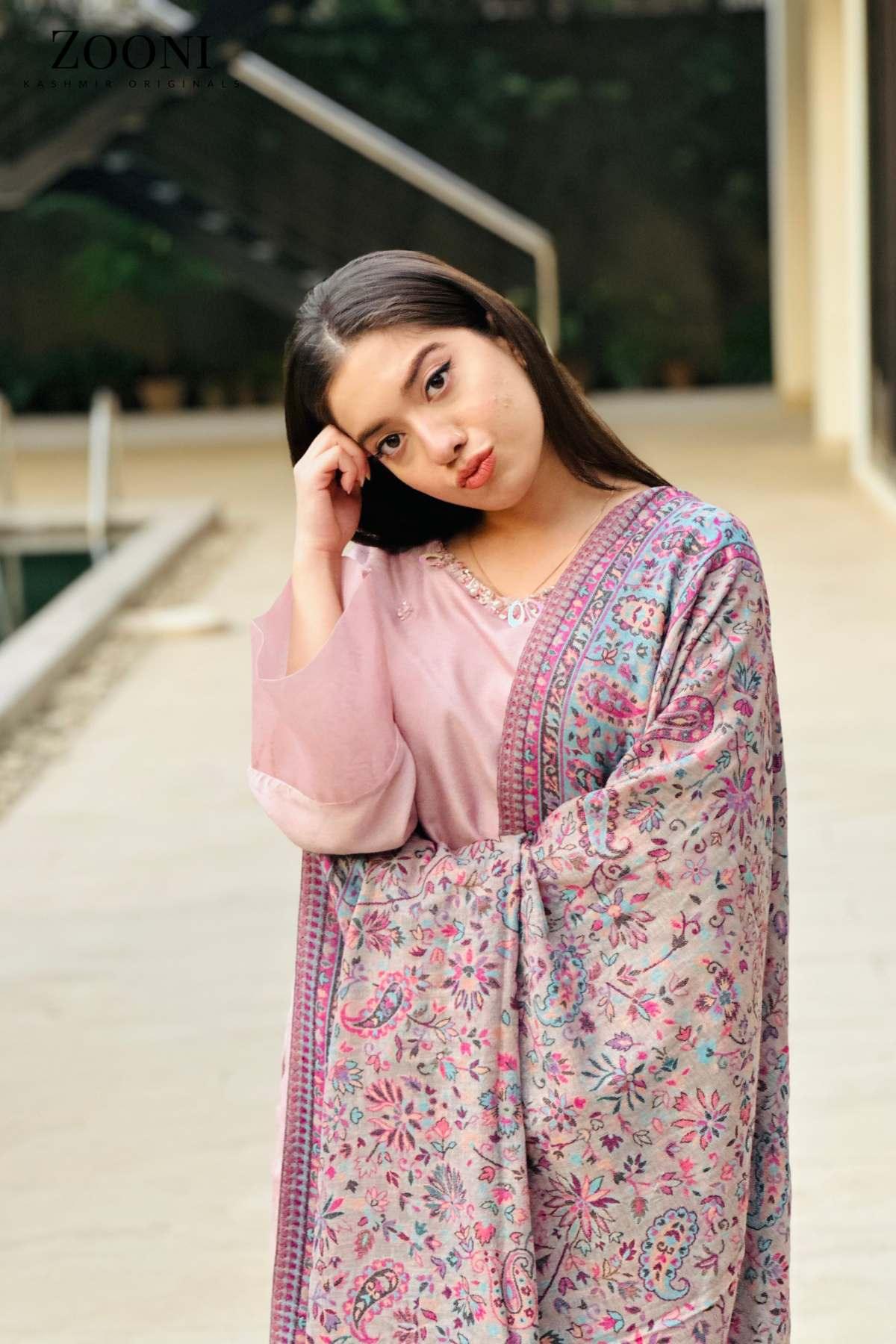 Superfine Pure Merino Kaani Jaamawar Shawl - Fountain Blue & Beige - Zooni | Kashmir Originals