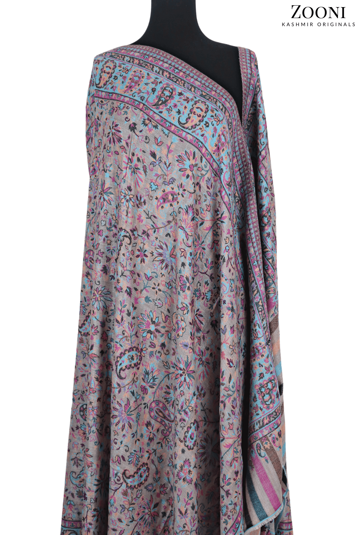Superfine Pure Merino Kaani Jaamawar Shawl - Fountain Blue & Beige - Zooni | Kashmir Originals