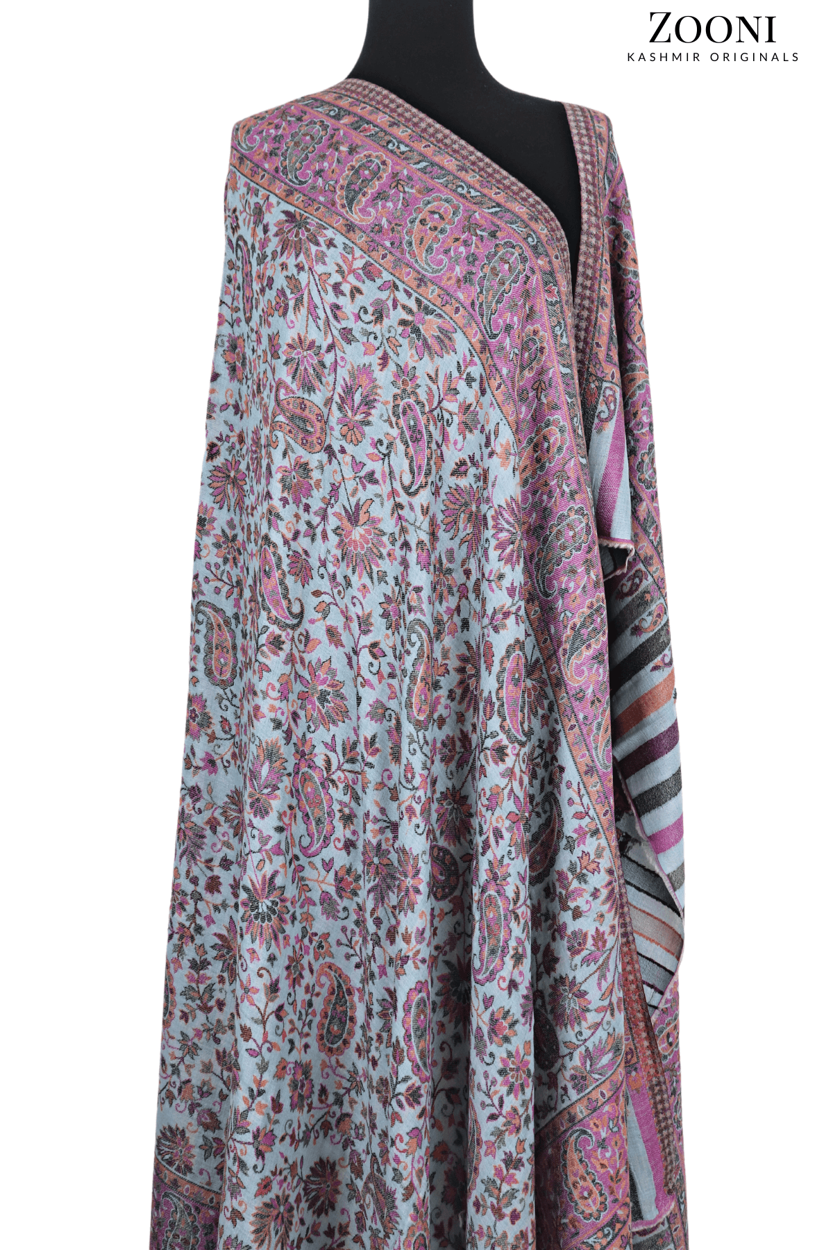 Superfine Pure Merino Kaani Jaamawar Shawl - Fountain Blue & Beige - Zooni | Kashmir Originals
