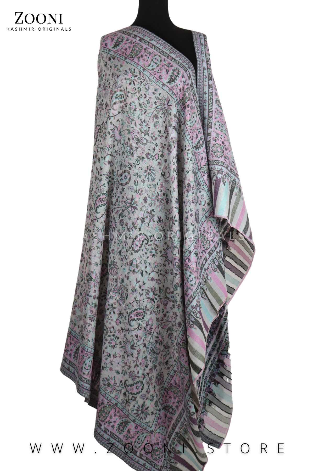 Superfine Pure Merino Kaani Jaamawar Shawl - Fountain Blue & Beige - Zooni | Kashmir Originals